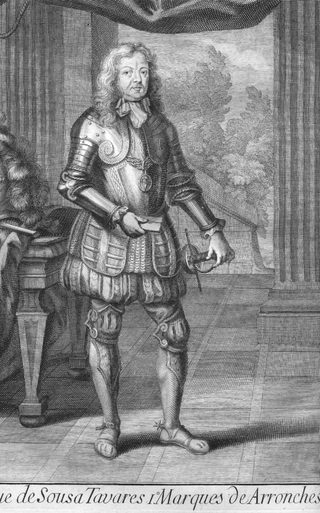 Gravura de Henrique de Sousa Tavares, 1.º Marquês de Arronches, de pé, em armadura